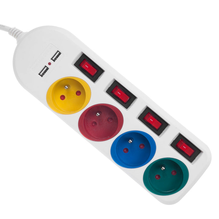 Maclean strømskinne, forlængerledning med 4 stik + 2xUSB, med afbrydere, 250VAC/10A, 2,1A 5V, 1,5 m, hvid, MCE229 W