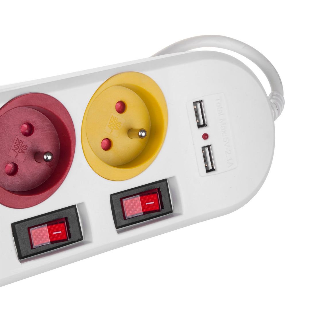 Maclean strømskinne, forlængerledning med 4 stik + 2xUSB, med afbrydere, 250VAC/10A, 2,1A 5V, 1,5 m, hvid, MCE229 W