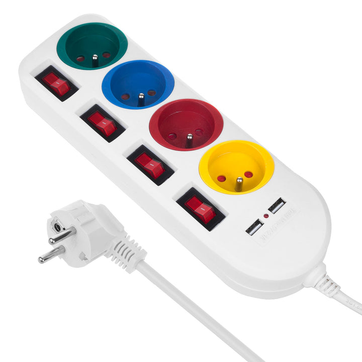 Maclean strømskinne, forlængerledning med 4 stik + 2xUSB, med afbrydere, 250VAC/10A, 2,1A 5V, 1,5 m, hvid, MCE229 W