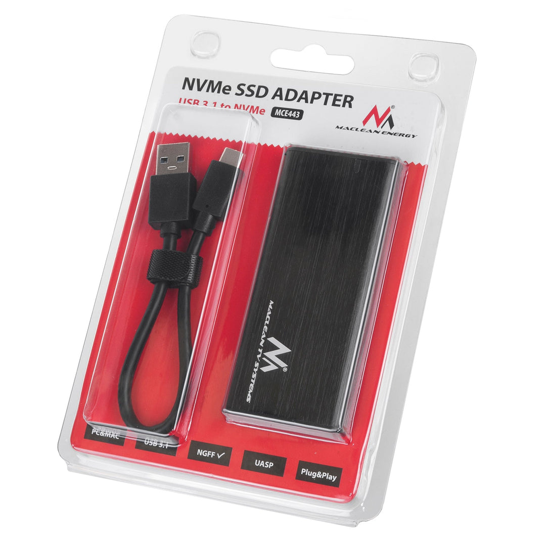 Maclean-diskkabinet, SSD M.2, NVMe (PCIe), NGFF (SATA), USB 3.1, størrelser 2230/2240/2260/2280, aluminiumskabinet, MCE443