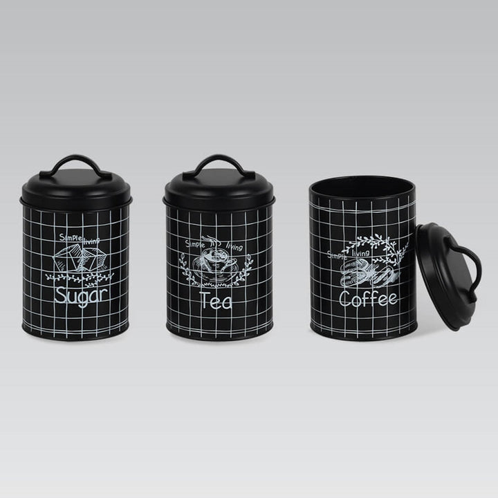 Sæt med 3 opbevaringsdåser Metalbeholder til køkkenet Sukker Kaffe Te 3x Ø11,8 x 18,8 cm Sort