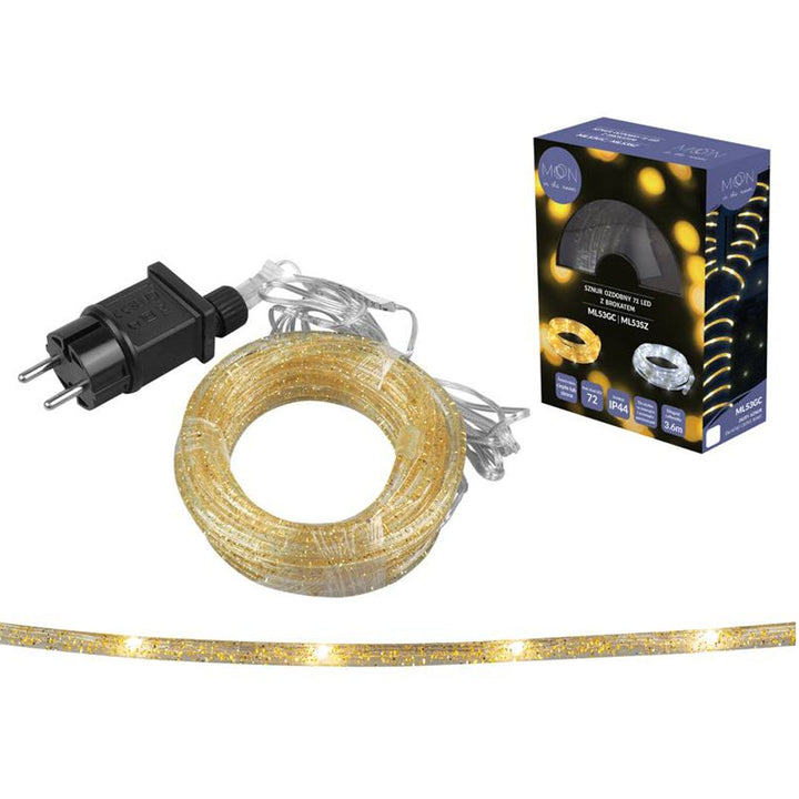 Dekorativt lyssnor ML53GC 72 LED 3,6 m med guldglimmer, varm hvid IP44