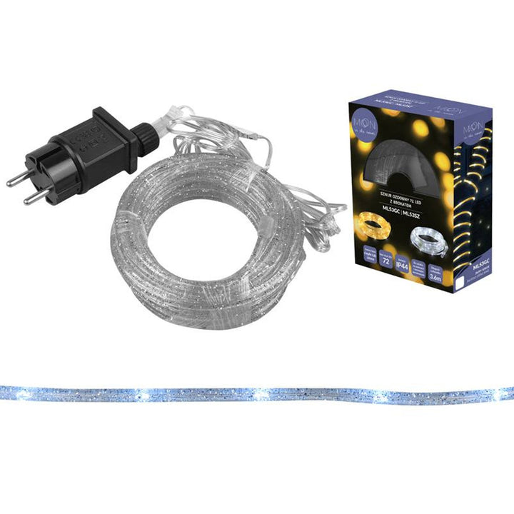 Dekorativt lyssnor ML53SZ 72 LED 3,6 m med sølvglimmer, kold hvid IP44
