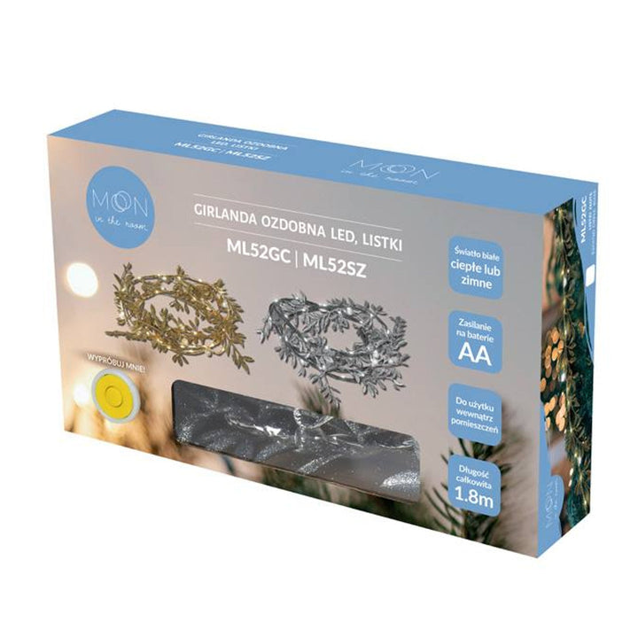 LED-dekorationsgirlande ML52SZ 1,8 m sølvblade kold hvidt lys strømforsyning 3x AA