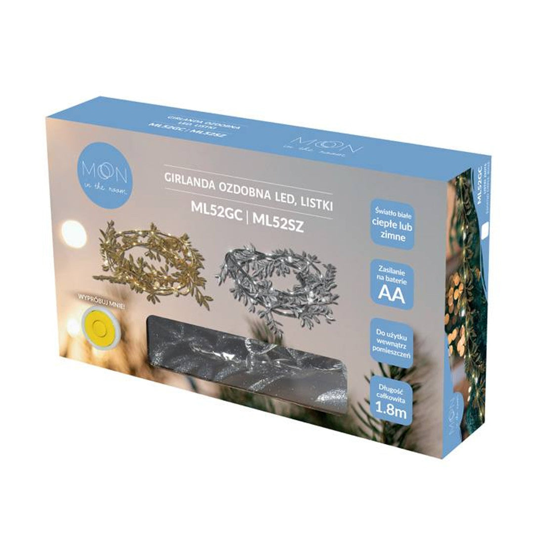 LED-dekorationsgirlande ML52GC 1,8 m, gyldne blade, varmt hvidt lys, strømforsyning 3x AA