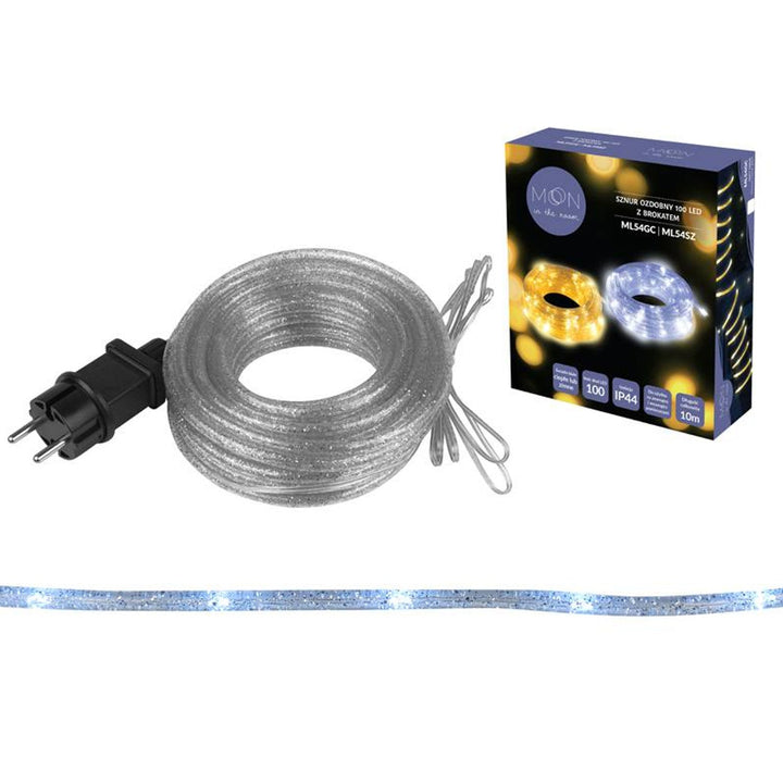 Dekorativt lyssnor ML54SZ 100 LED 10 m med sølvglimmer, kold hvid IP44