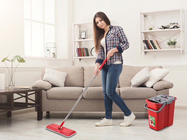 Flad moppe med automatisk spand + 3 mikrofiberklude
