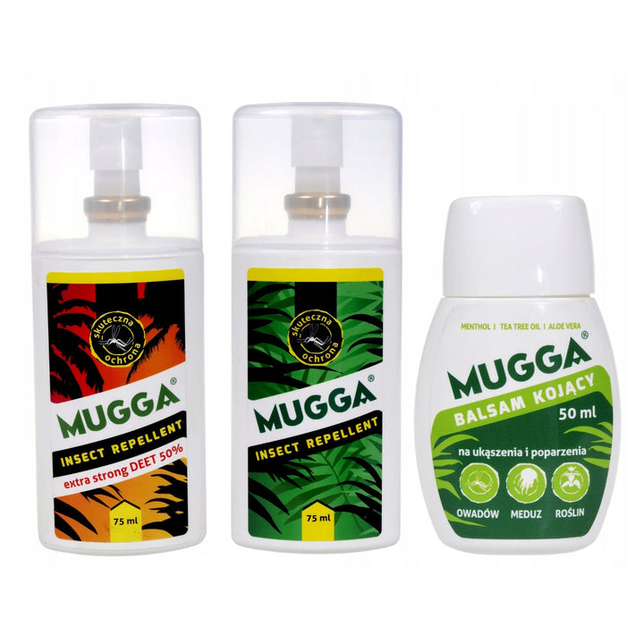 Sæt med 2x Mugga 50 % + 9,5 % Deet til hele familien + Beroligende balsam 50 ml