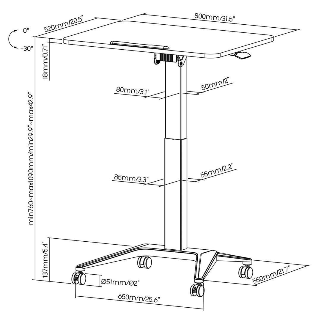 Mobil skrivebord til bærbar computer Maclean, sort, pneumatisk højdejustering, 80x52 cm, maks. 8 kg, 109 cm høj, MC-453B