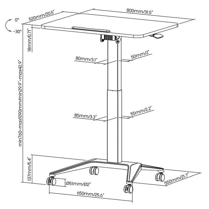Mobil skrivebord til bærbar computer Maclean, sort, pneumatisk højdejustering, 80x52 cm, maks. 8 kg, 109 cm høj, MC-453B
