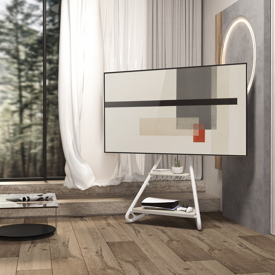 Fritstående TV-holder / hjørneholder Maclean, i Bauhaus-stil, to-trins træhylder, maks. 40 kg, 37-75'', MC-455