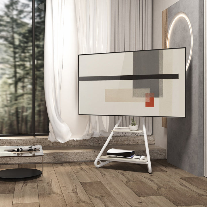 Fritstående TV-holder / hjørneholder Maclean, i Bauhaus-stil, to-trins træhylder, maks. 40 kg, 37-75'', MC-455