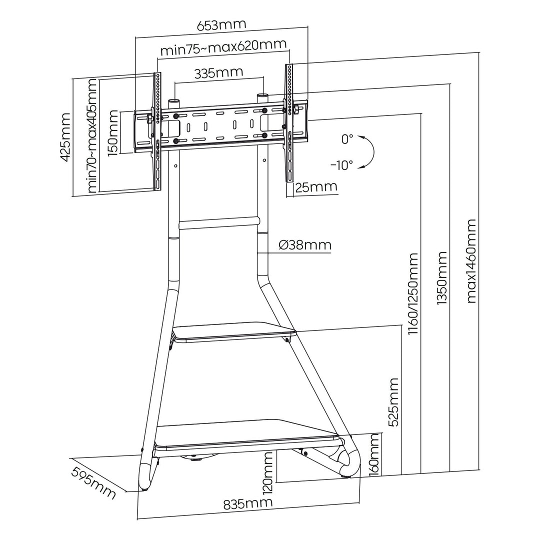 Fritstående TV-holder / hjørneholder Maclean, i Bauhaus-stil, to-trins træhylder, maks. 40 kg, 37-75'', MC-455
