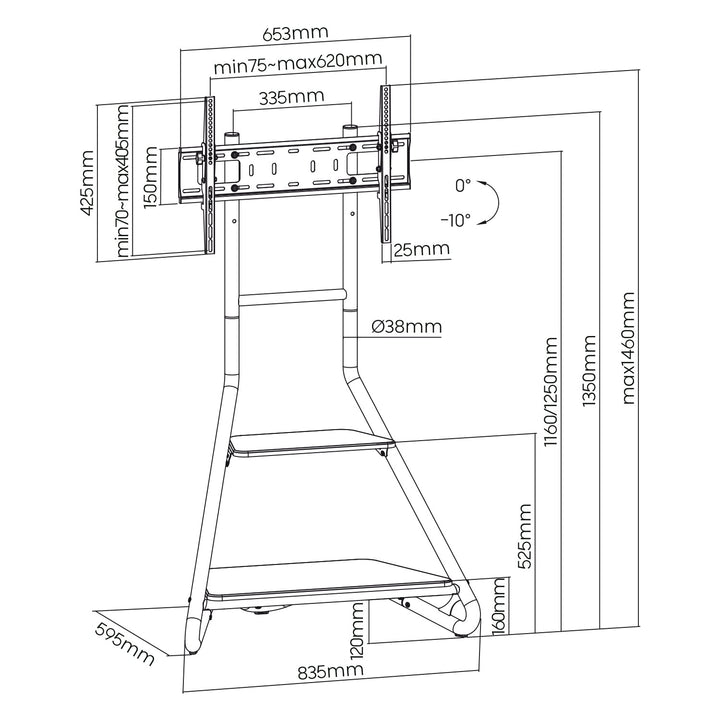 Fritstående TV-holder / hjørneholder Maclean, i Bauhaus-stil, to-trins træhylder, maks. 40 kg, 37-75'', MC-455