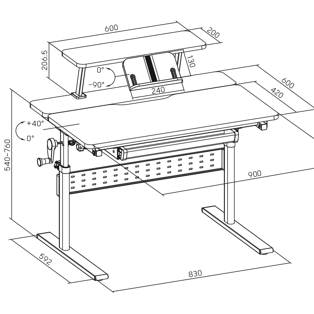 Ergo Office børneskrivebord, højdejusterbart, gråt, maks. 40 kg, 900 x 600 mm, ER-483