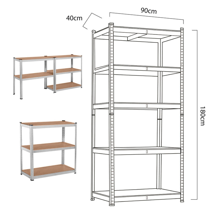 Metalopbevaringsreol, skab 175 kg x5 180x90x40cm GreenBlue, galvaniseret, sammenklappelig, MDF, GB378