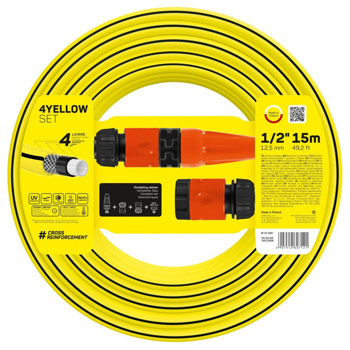 4YELLOW sprinklersæt med 15 m slange + lige sprinkler, hurtigkobling med stop og gennemgang, tilslutning med indvendigt gevind G3/4"