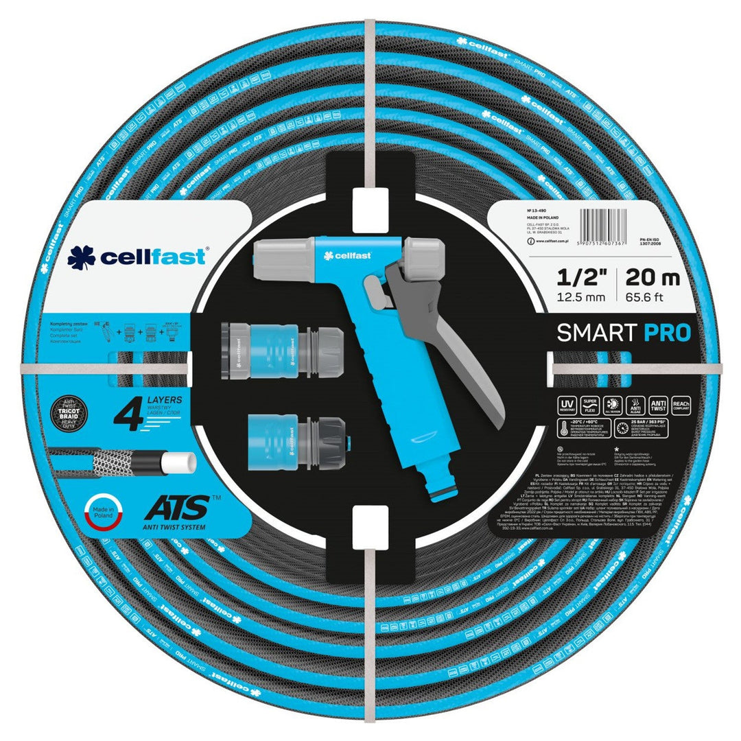 Cellfast SMART PRO ATS 4-ply Garden Hose Set with Accessories ATS Tricot Fabric Flexible Kink Resistant UV and Algae Resistant 1/2" 20 m