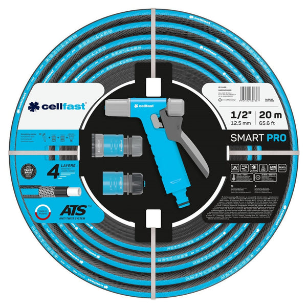 Cellfast SMART PRO ATS 4-ply Garden Hose Set with Accessories ATS Tricot Fabric Flexible Kink Resistant UV and Algae Resistant 1/2" 20 m
