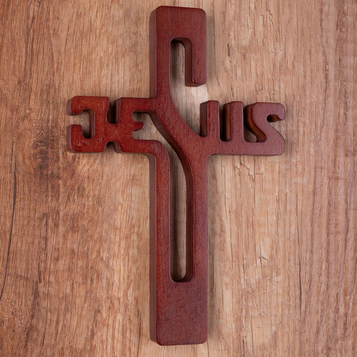 Træ kors med påskriften JEZUS, brun, 30 x 20 x 1,8 cm