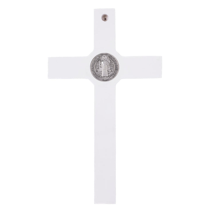 Trækrusifiks af St. Benedikt med lidelseshistorie, hvid, 18 x 10 x 1,8 cm