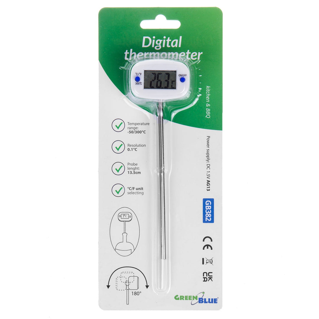 Termometer/føler til fødevarer, GreenBlue, følerlængde 15 cm, temperaturområde -50 °C til +300 °C, nøjagtighed 0,1 °C, GB382