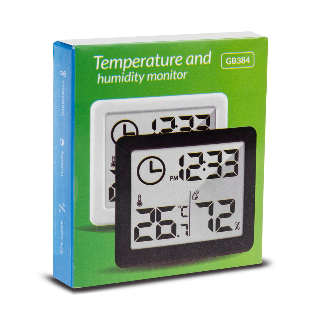 Termometer/hygrometer med urfunktion, GreenBlue, sort, GB384B