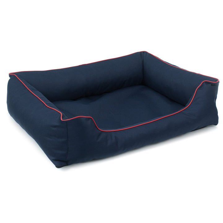 Hundeseng Sofa Valencia Orthopedic i farven marineblå med rød kant 65x50cm