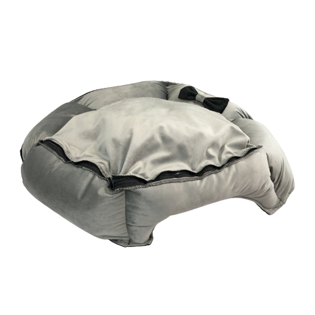 Holdbart velour-hundeleje, der kan skilles ad, med skridsikker underside i grå-sort, diameter 50 cm