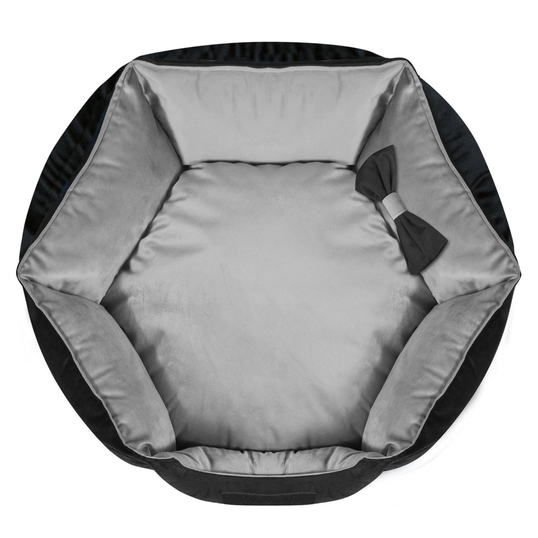 Holdbart velour-hundeleje, der kan skilles ad, med skridsikker underside i grå-sort, diameter 50 cm