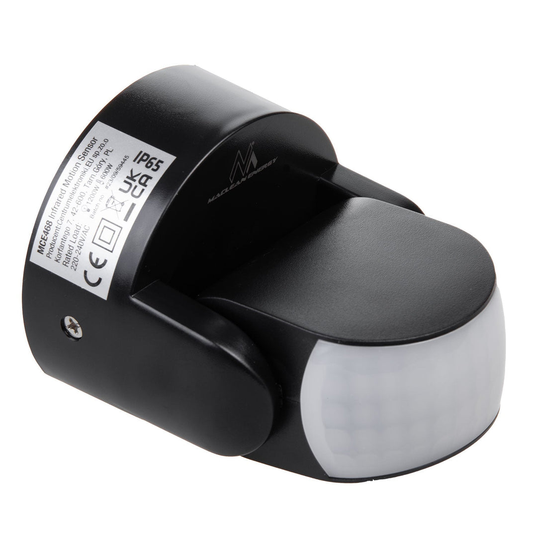 Maclean PIR-bevægelsessensor, infrarød, IP65, sort, rækkevidde 12 m, maks. belastning 600/1200 W, MCE468 B