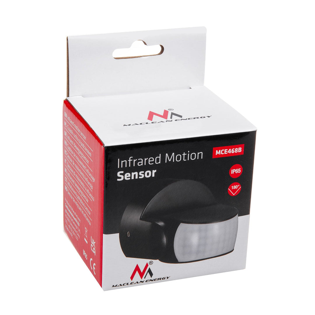 Maclean PIR-bevægelsessensor, infrarød, IP65, sort, rækkevidde 12 m, maks. belastning 600/1200 W, MCE468 B