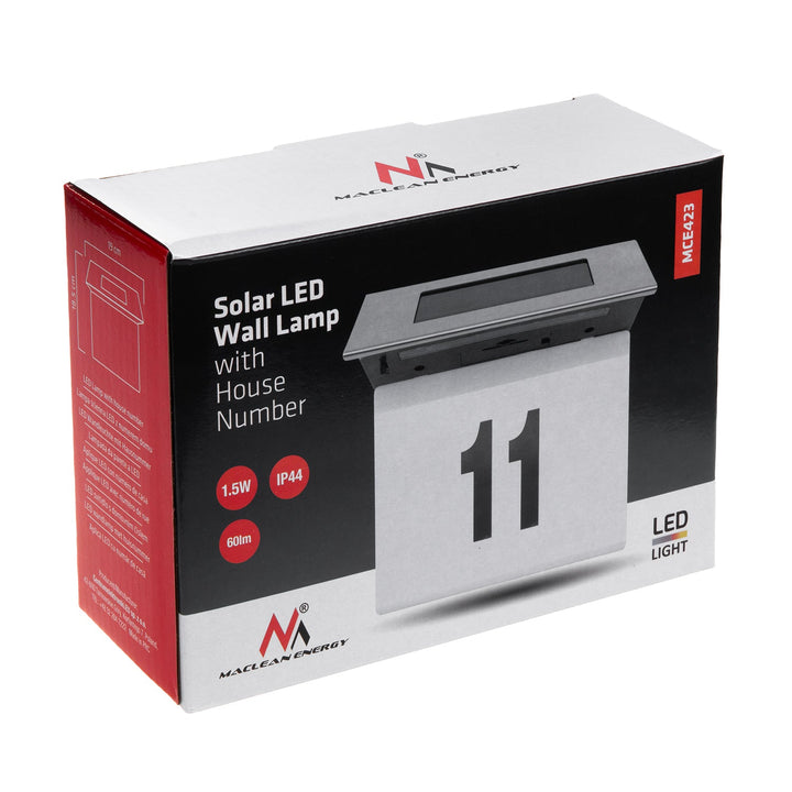 Solar LED-lampe med husnummer Maclean, IP44, 1W, 60lm, 6000K, batteri 600 mAh, 2,5V DC 70mA, MCE423