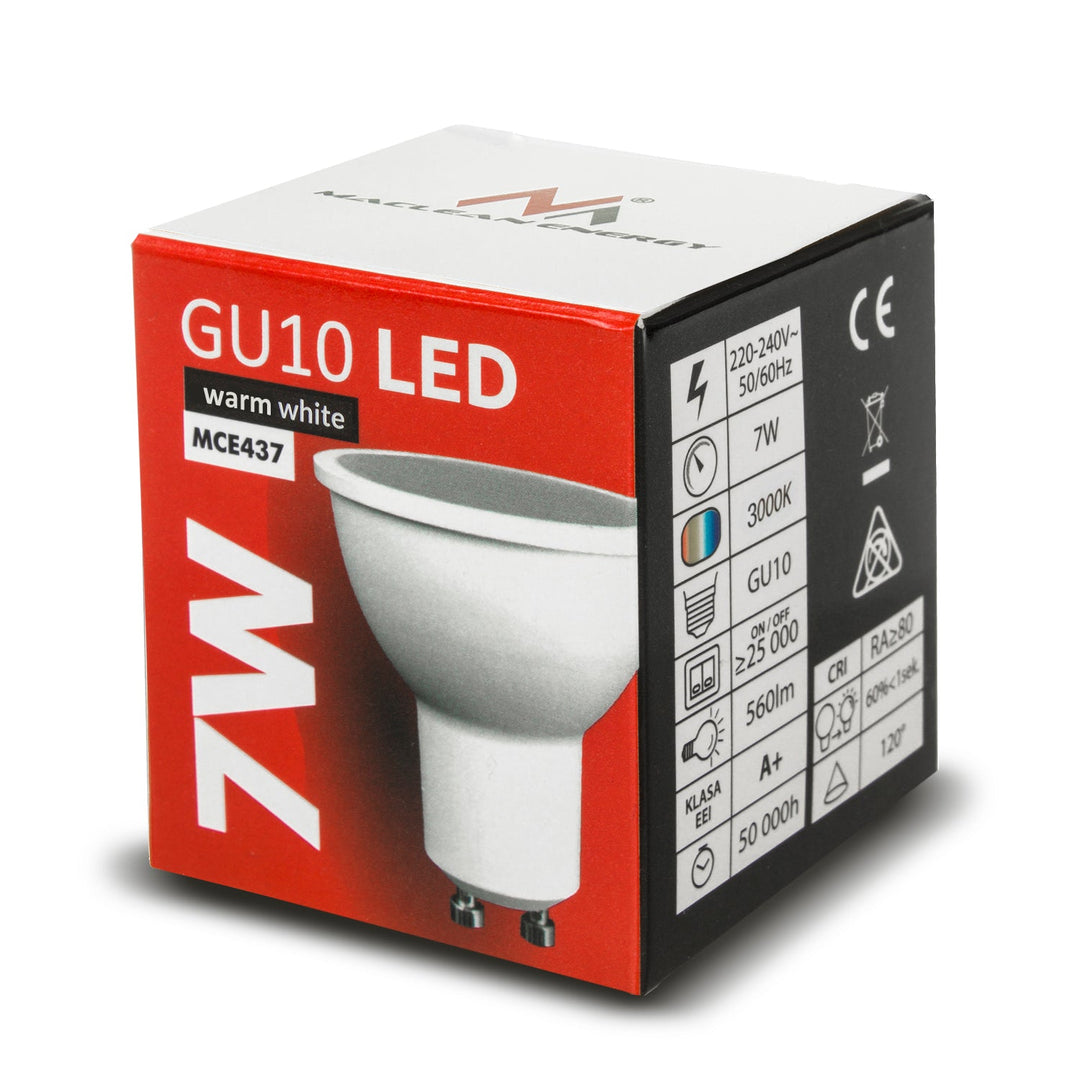 6x LED-pære Maclean, GU10, 7W, 220-240V~, 50/60Hz, varm hvid farve, 3000K, 490 lumen, MCE437 WW