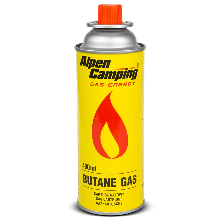 8x 400 ml gaspatroner fra Alpen Camping. Certifikat: Pi 0875, i overensstemmelse med standarden EN417, isobutan, anvendelsesområde -10 °C til +40 °C, IK004