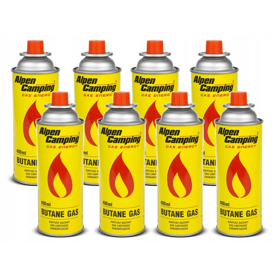 8x 400 ml gaspatroner fra Alpen Camping. Certifikat: Pi 0875, i overensstemmelse med standarden EN417, isobutan, anvendelsesområde -10 °C til +40 °C, IK004