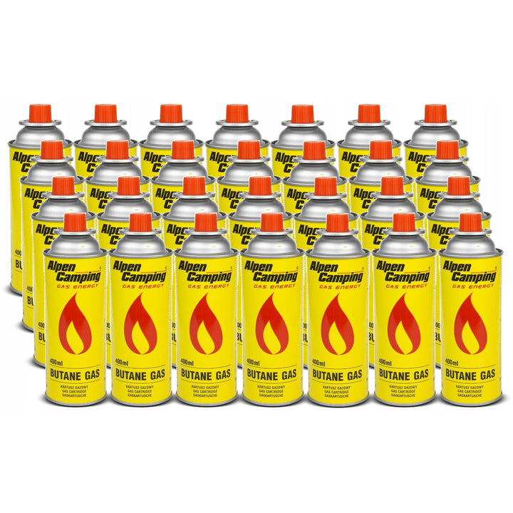 28x gaspatron 400 ml Alpen Camping. Certifikat: Pi 0875, i overensstemmelse med standard EN417, isobutan, anvendelsesområde -10 °C til +40 °C, IK004