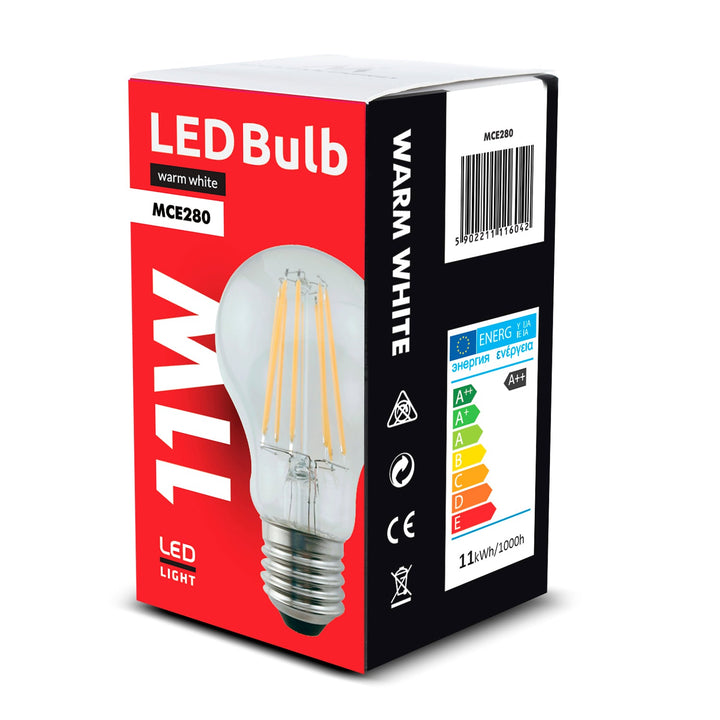 6x LED-glødepære Maclean, E27, 11W, 230V, WW varm hvid 3000K, 1500lm Retro Edison dekorativ A60, MCE280