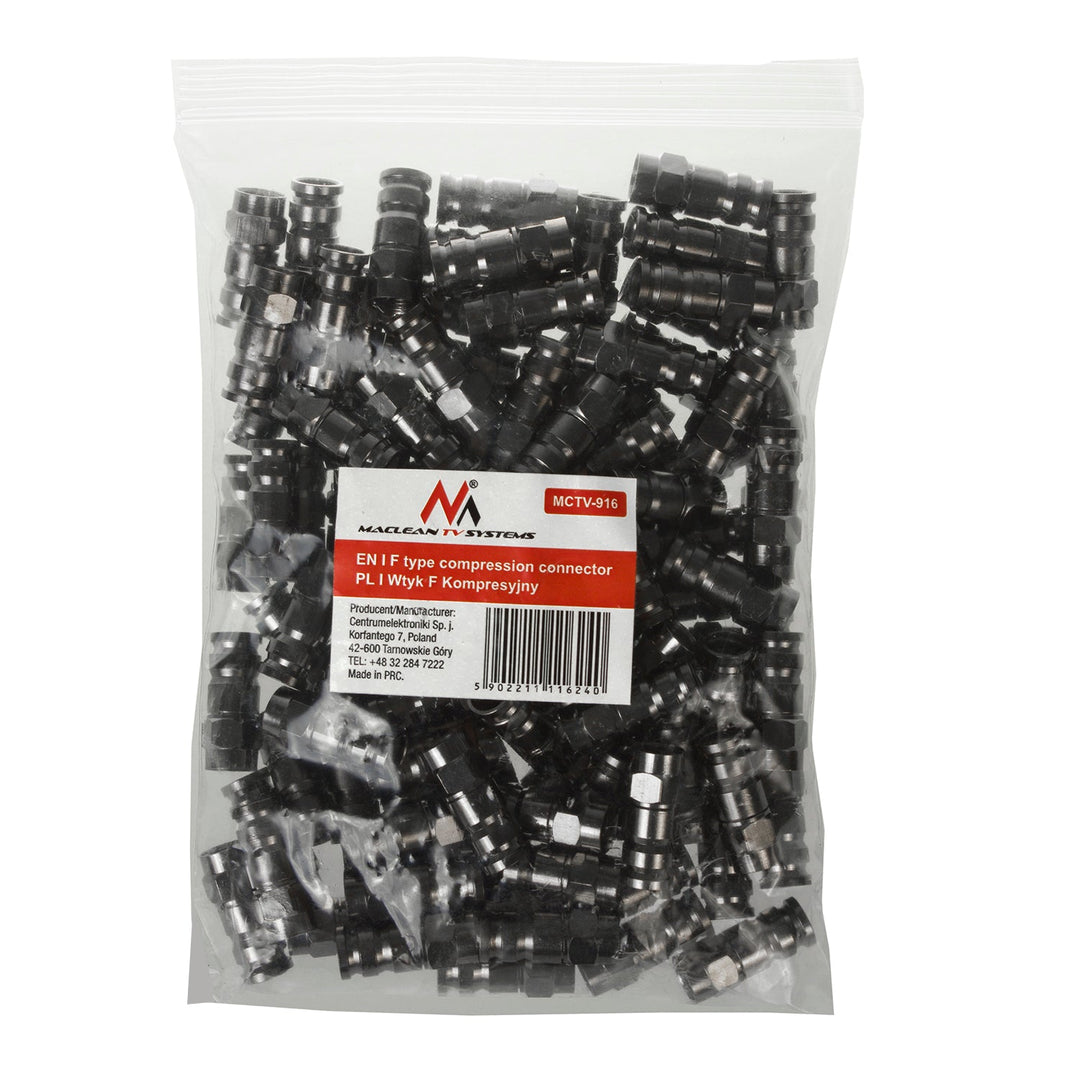 100x Maclean-stik, F-kompression, RG-6, professionel, nikkel, sort, MCTV-916