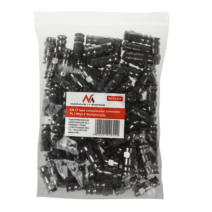 100x Maclean-stik, F-kompression, RG-6, professionel, nikkel, sort, MCTV-916
