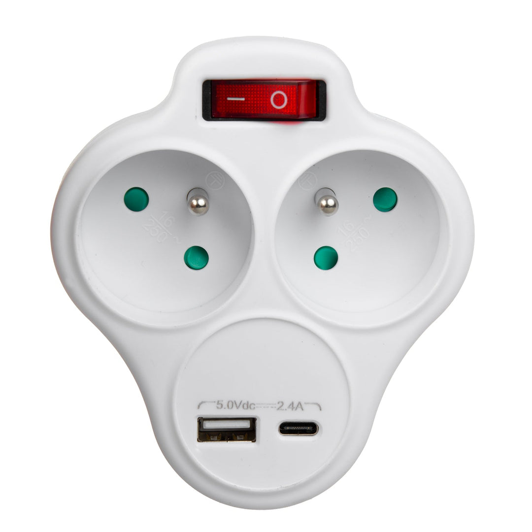 Maclean stikkontakt, forgreningsstik med 2 stik og USB A/C 2,4 A, type E, 2x16 A, MCE336 E