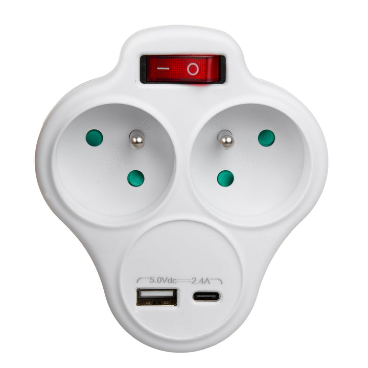 Maclean stikkontakt, forgreningsstik med 2 stik og USB A/C 2,4 A, type E, 2x16 A, MCE336 E