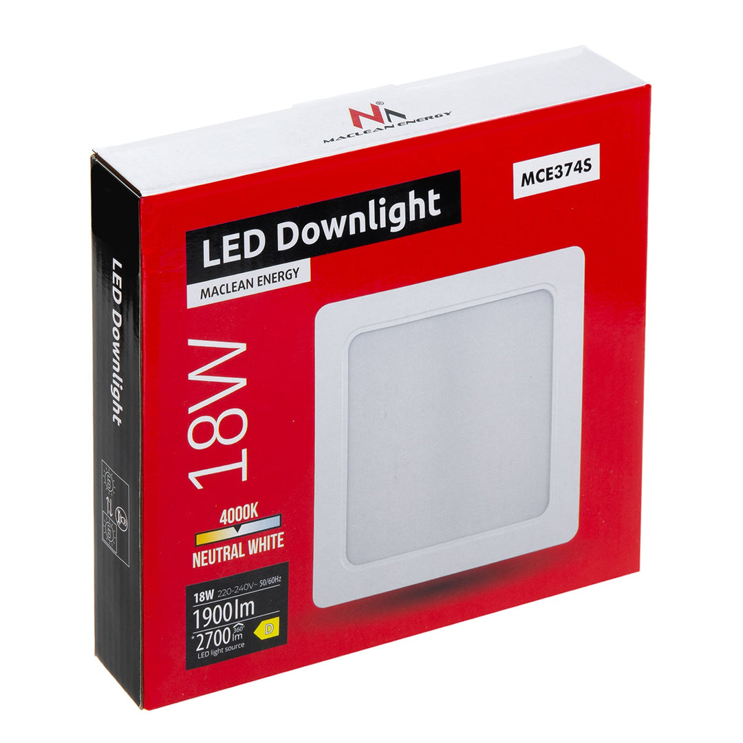 Maclean LED-loftsplade, indbygget SLIM, 18 W, Neutral White 4000 K, 170*170*26 mm, 1900 lm, MCE374 S
