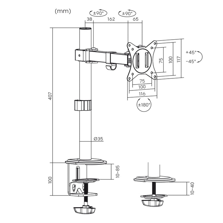 Maclean bordholder til LCD-skærm, enkelt arm, VESA 75x75 og 100x100, 17-32", 9 kg, MC-572N