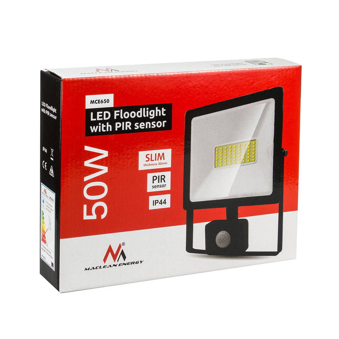 2x LED-projektor med bevægelsessensor Maclean, slim 50W, 4000lm, varm hvid farve (3000K), IP44, MCE650 WW PIR