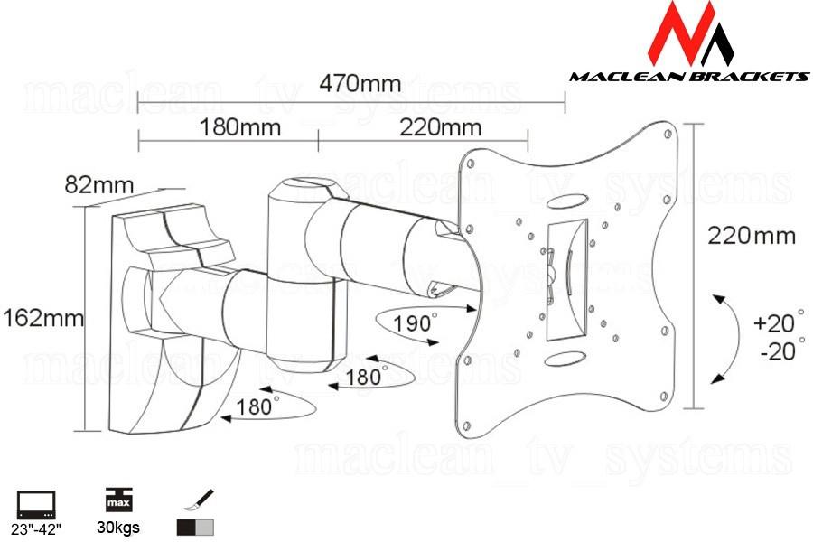 Maclean tv- eller skærmholder, universal, max. VESA 200x200, 13-42", 30 kg, sort, MC-503A B