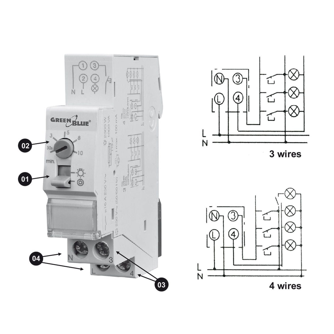 Trappemotor til DIN-skinne GreenBlue, regulering 30s-10m, maks. 2300 W, GB114