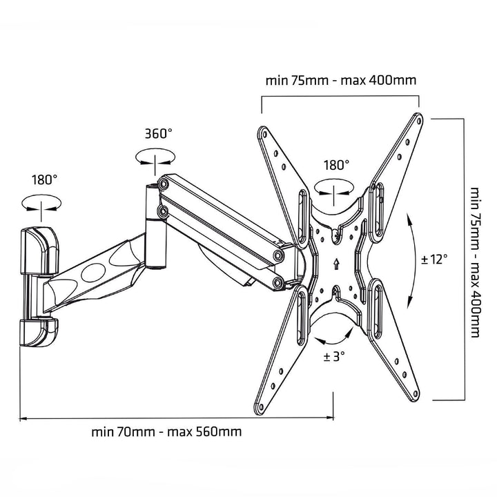 Maclean TV-holder, til tv eller skærm, gasfjeder, 2 arme, højdejustering 25 cm, 32"-55", 22 kg, sort, MC-784
